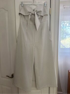 White Wide-Leg Pinstripe Jumpsuit with Tie-Waist